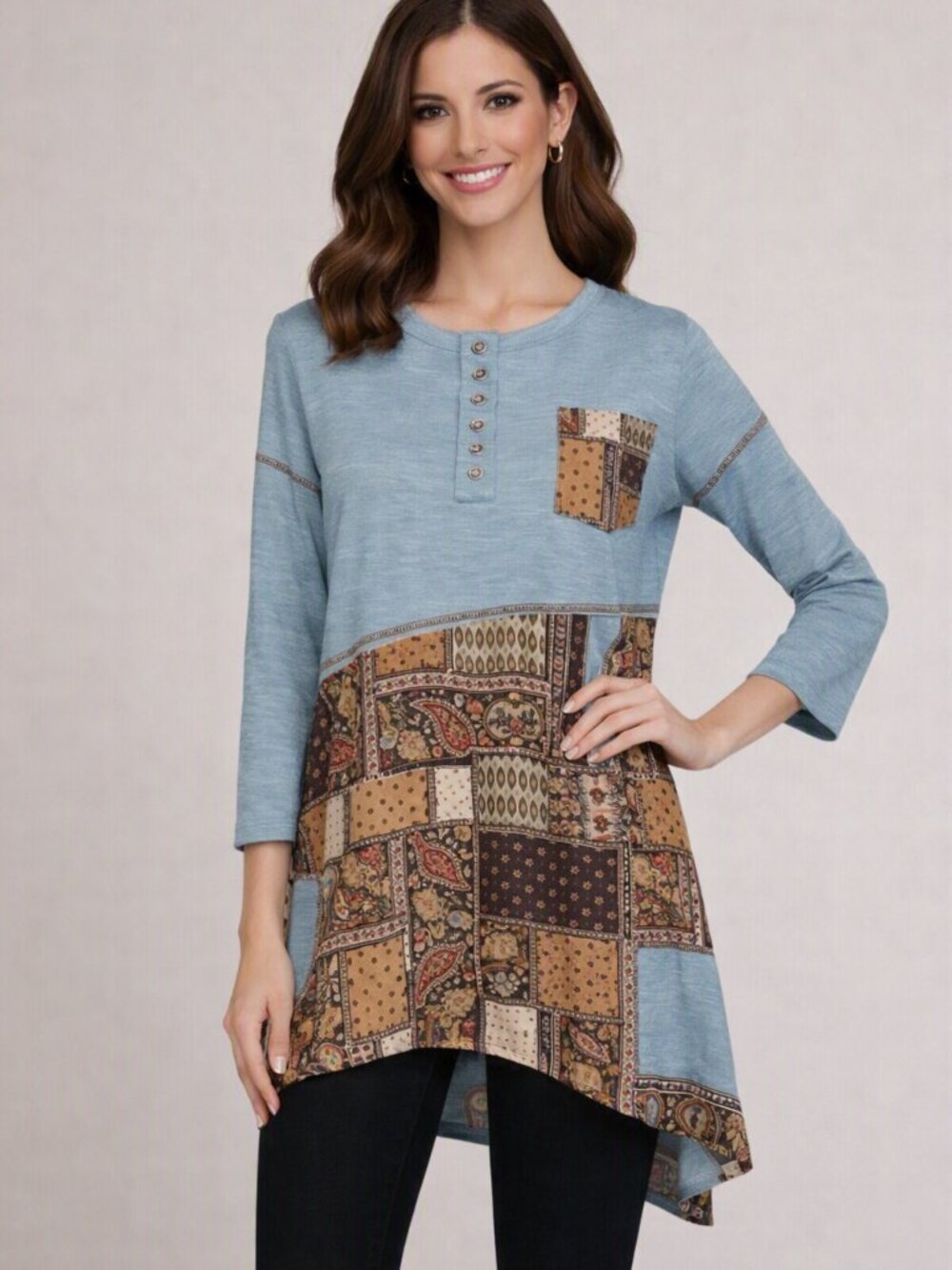 POL Patchwork Tunic Top S Blue Brown Mixed Media Henley Boho Oversized